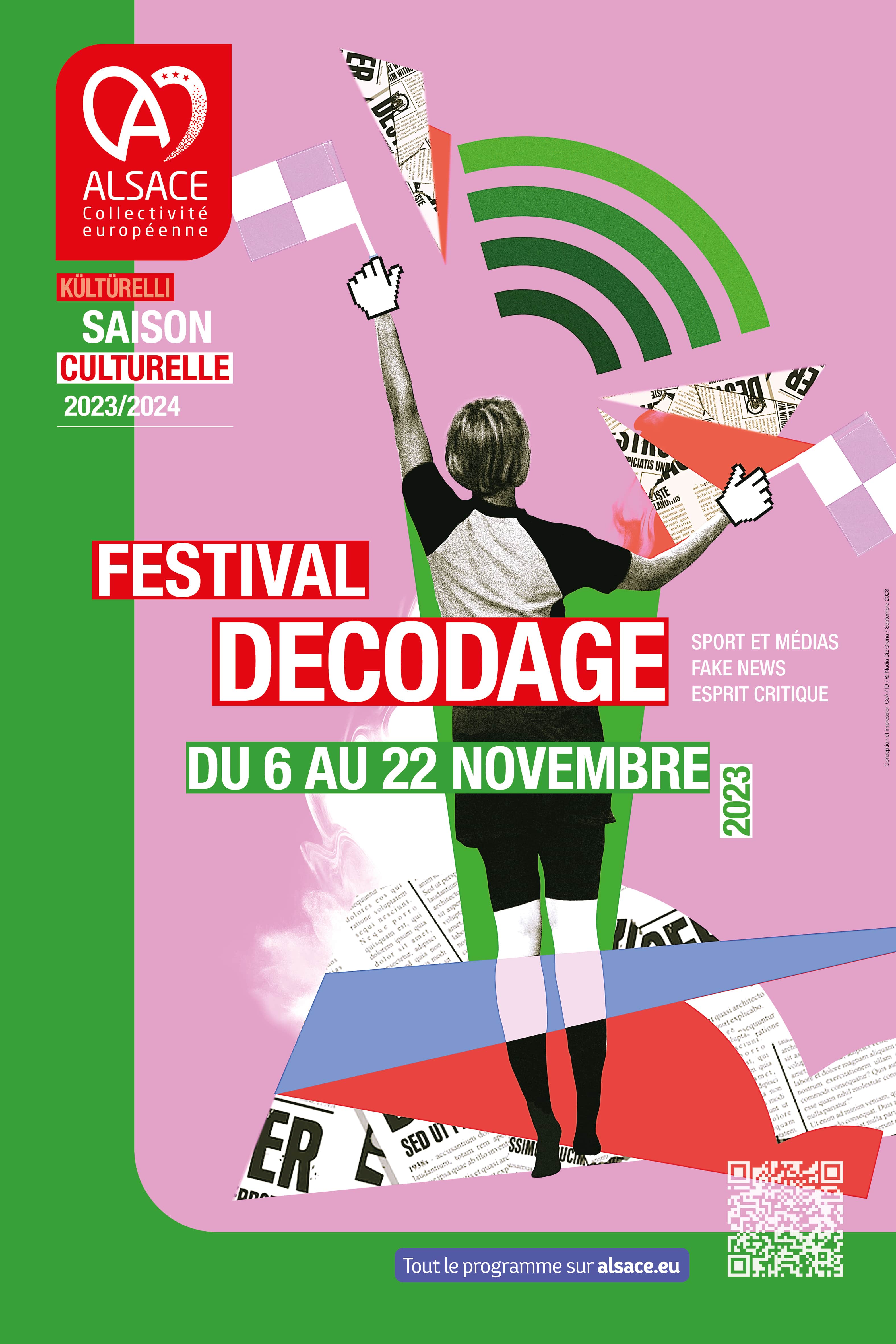 Affiche du festival décodage, une sportive de dos en technique découpage collage sur un fond rose et vert