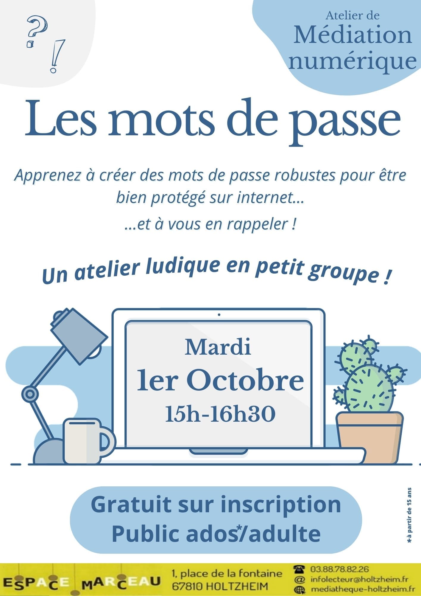 Affiche de l'atelier de médiation numérique du 1er octobre, avec l'illustration d'un ordinateur, aux couleurs bleues pâles